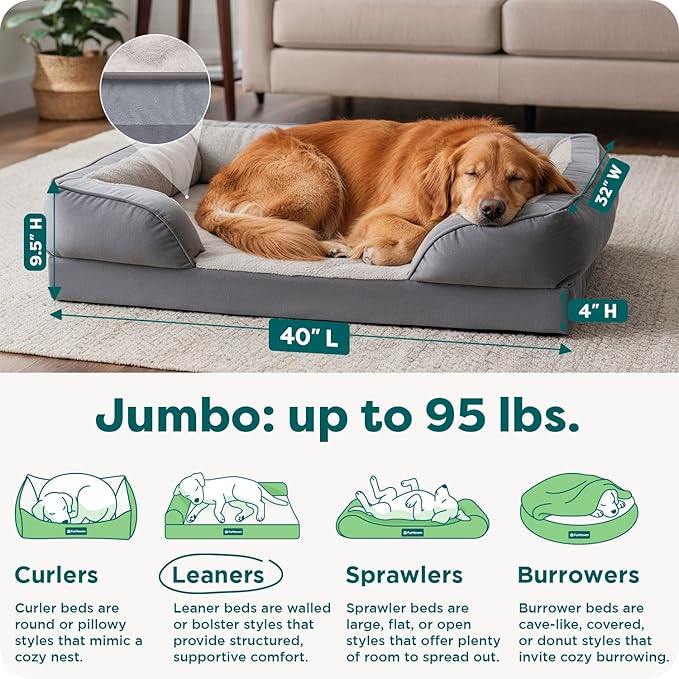 FurHaven Perfect Comfort Sofa Orthopedic Dog Bed for Large Dogs, Memory-Top Foam with a Solid Orthopedic Foam Base for Joint Support, Removable Washable Cover, Jumbo XL, Plush & Velvet, Granite Gray