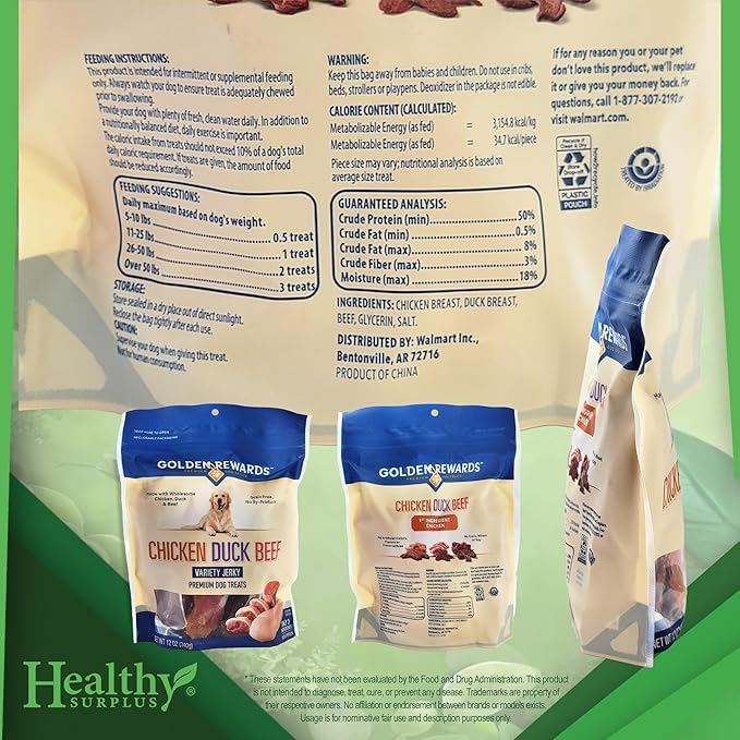 Healthy Surplus Golden Rewards Chicken Duck Beef Variety Jerky Premium Dog Treats 12 Oz and Vital Volumes Pet Care Card Bundle