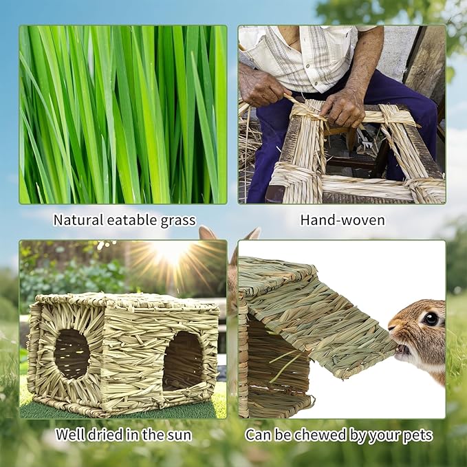 BWOGUE 2 Pack Grass Bunny House Natural Hand Woven Seagrass Hideaway Toy Hay Mat Chew Hut for Bunny Hamster Chinchilla Guinea Pigs Small Animals
