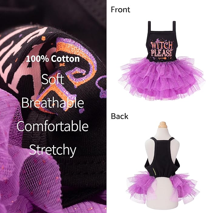 Fitwarm Witch Please Halloween Dog Tutu Dress, Funny Halloween Costumes for Small Girl Dogs, Pet Outfit, Black, Purple, XS