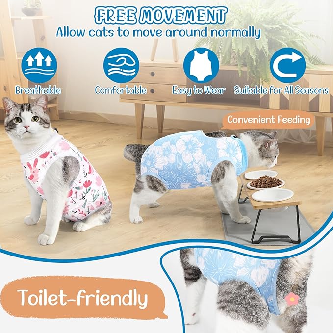 SlowTon Cat Recovery Suit - Cat Onesie for Cats After Surgery Female Male, Kitten Clothes Cats Surgical Spay Suit Abdominal Wounds, E-Collar Alternative Bodysuit Shirt Anti-Licking (Blue Flower,S)