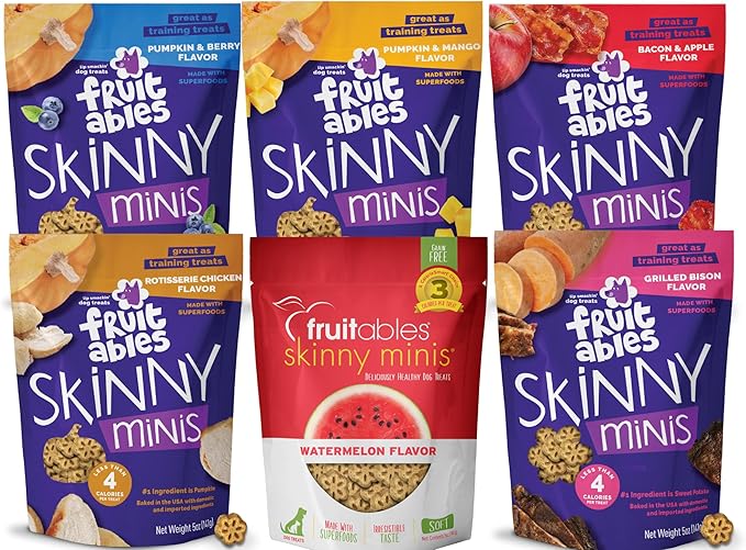 Fruitables Soft and Chewy Skinny Minis Grain Free Dog Training Treats Variety Pack of 6-1 of Each Flavor