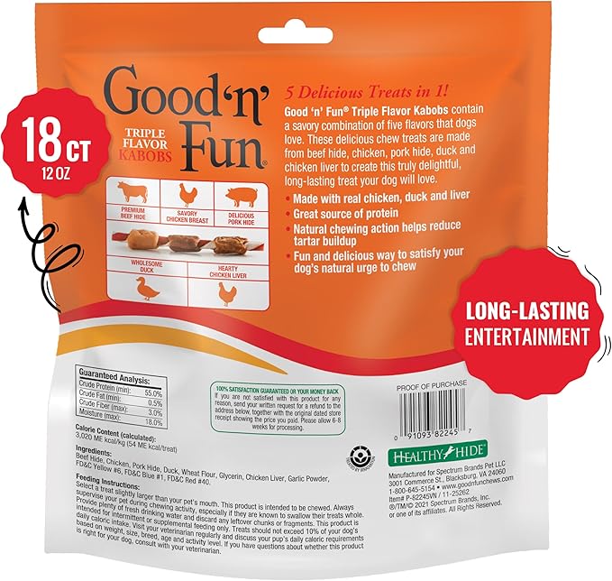 Good'n'Fun Triple Flavored Rawhide Kabobs for Dogs, 12 Oz (3 Pack)