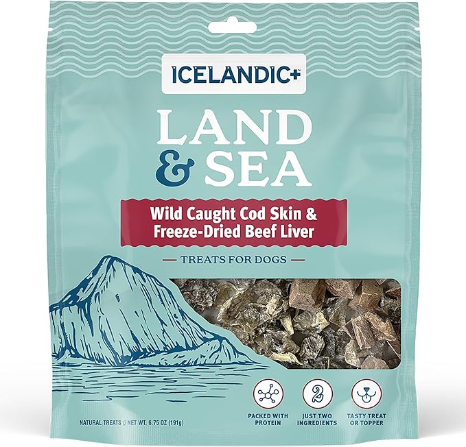 Icelandic+ Land & Sea Wild Caught Cod Skin & Freeze-Dried Beef Liver - 6.75oz Bag, Dog Treat & Food Topper, 2 Ingredients, No Preservatives, Natural