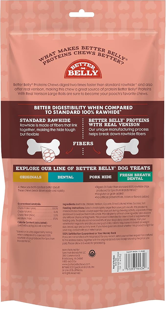 Better Belly Proteins with Real Venison Large Rolls 3 Count, Digestible Rawhide for Dogs, 12.1 Ounce (Pack of 1)