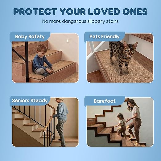 GOYLSER Peel and Sticker Jute Stair Treads Non Slip for Wooden Steps Indoor, 15 Pack Rubber Backed Stair Pads Rug, Removable Khaki Adhesive Staircase Mat Step Cover Traction, Camel