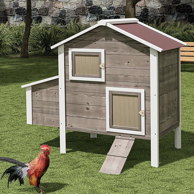 Magshion 46" Large Chicken Coop Rabbit Hutch with 2 Nesting Box, Wooden Raised Hen House with Removable Trays, Outdoor Poultry Cage Pet House with Ramp Run Hen Cage for Garden Backyard