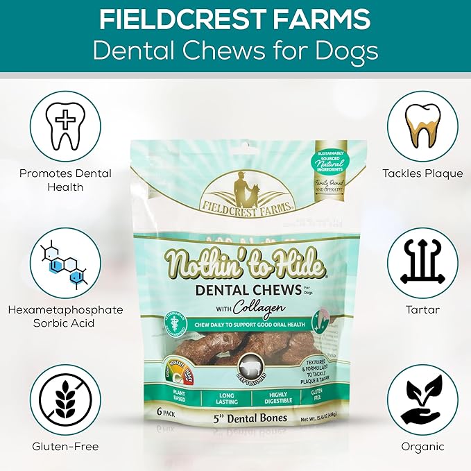 Fieldcrest Farms Dental Chews for Dogs, Bone (5inches, 6count Pack) – Tackles Plaque, Tartar, Promotes Dental Health – w/Collagen, Organic, Gluten-Free