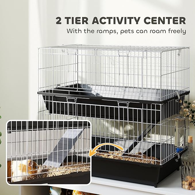 PawHut 2-Tier Small Animal Cage, Chinchilla Ferret Cage Indoor with Dish and Bottle, 2 Doors, Deep Bottoms, Ramp, 28", Black