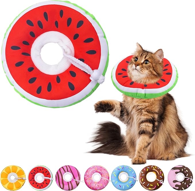 Seyezo Cat Cone Collar Soft, Adjustable Cat Recovery Collars Kitten Cones to Stop Licking, Cute Donut E Collar After Surgery, Wound Healing Elizabethan Collar for Kittens (Watermelon, Large)