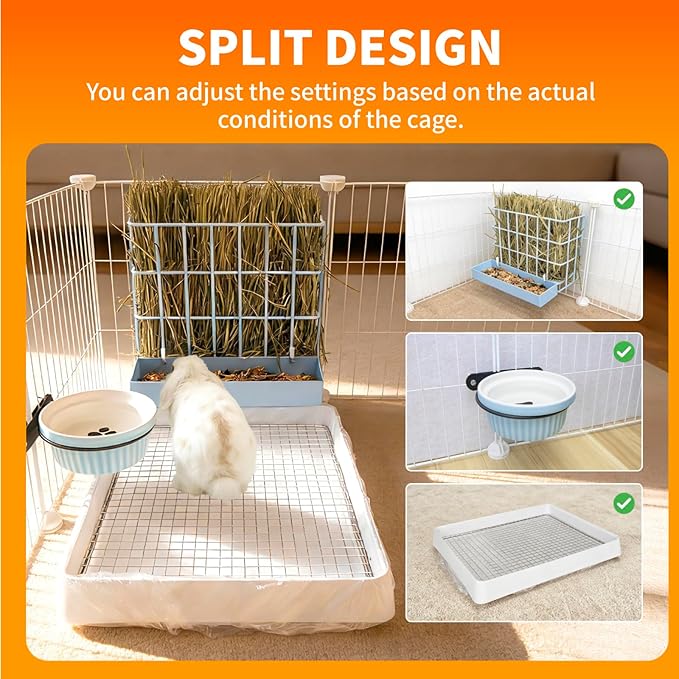 BESNEW 3 in 1 Rabbit Hay Feeder with Litter Box,Upgraded Metal Hay Rack & Litter Tray & Water Bowl,Quick Cleaning,Easy to Install,Bunny Supplies for Rabbit Guinea Pig Chinchilla Small Animals