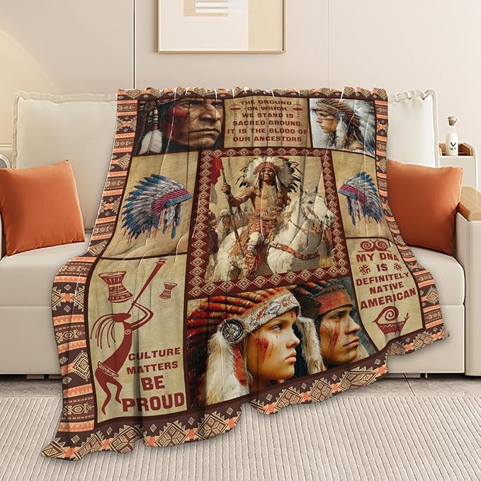 Native American Throw Blanket Indian Southwest Native American Cacique Stuff Gifts for Adults Women Men Soft Cozy Warm Plush Fluffy Fuzzy Fleece Blanket Decor 50''X60''