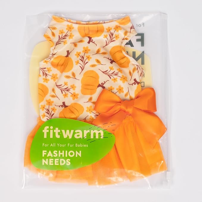 Fitwarm Pumpkin Flower Dog Dress, Thanksgiving Outfit for Small Dogs Girl, Fall Pet Outfit, Beige, Orange, Large