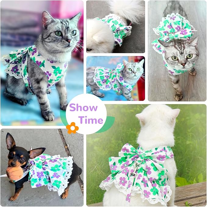 ABRRLO Dog Harness Dress Leash Set for Small Dog Summer Clothes Girl Female Puppy Cats Outfits Cute Floral Bowknot Princess Birthday Dress for Extra Small Pet Doggie Kitten Outfits Apparel(Green,XS)