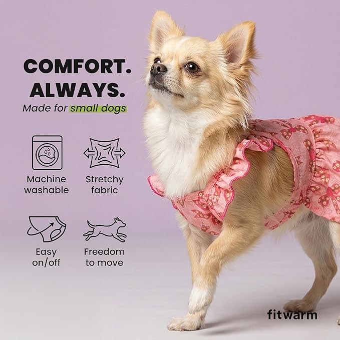 Fitwarm Ruffle Sleeves Bowknot Dog Dress, Birthday Clothes for Small Dogs Girl, Pet Outfit, Pink, XXS