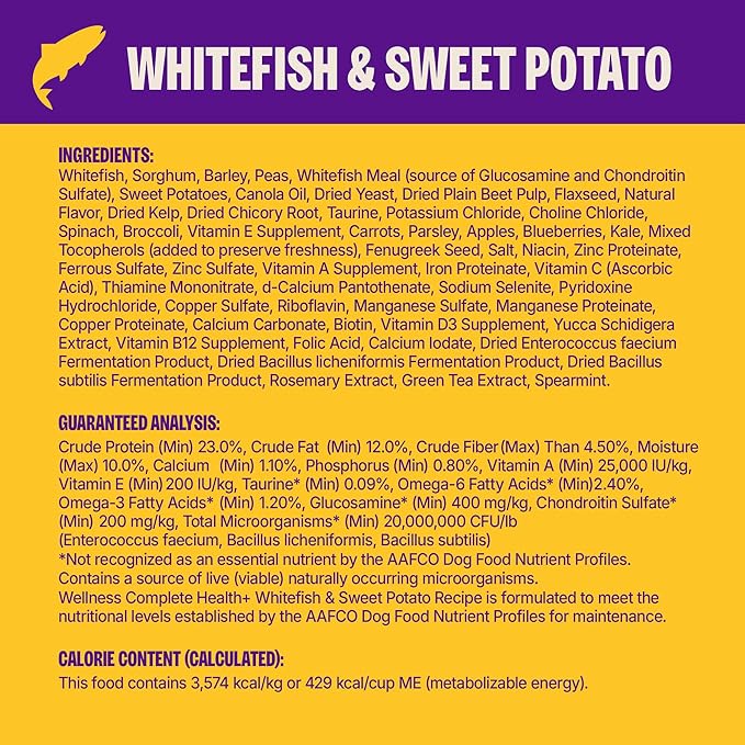 Wellness Complete Health+ Dry Dog Whitefish & Sweet Potato Recipe (4 Pound Bag)