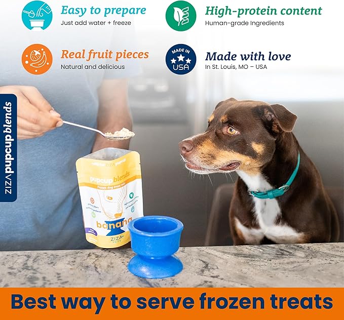 ZIZA PUPCUP Blends - Frozen Dog Treats Mix, Dog Ice Cream Mix, Natural Ingredients, High-Protein, Pre-Made Ice Cream Mix, Refill for ZIZA PUPCUP, Real Fruit Pieces, 7 Servings for Small Dogs, Banana