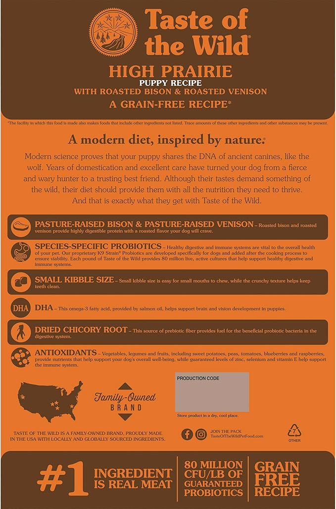 Taste of The Wild High Prairie Canine Grain-Free Recipe with Roasted Bison and Venison Dry Dog Food for Puppies, Made with High Protein from Real Meat and Guaranteed Nutrients and Probiotics 14lb