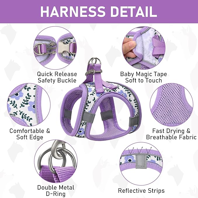 GAMUDA Small Dog Harness Collar and Leash Set, Step in No Chock No Pull Soft Mesh Adjustable Dog Vest Harnesses Plaid Reflective for Dogs Puppy Cats Kitten Rabbit (Purple Flower, S)