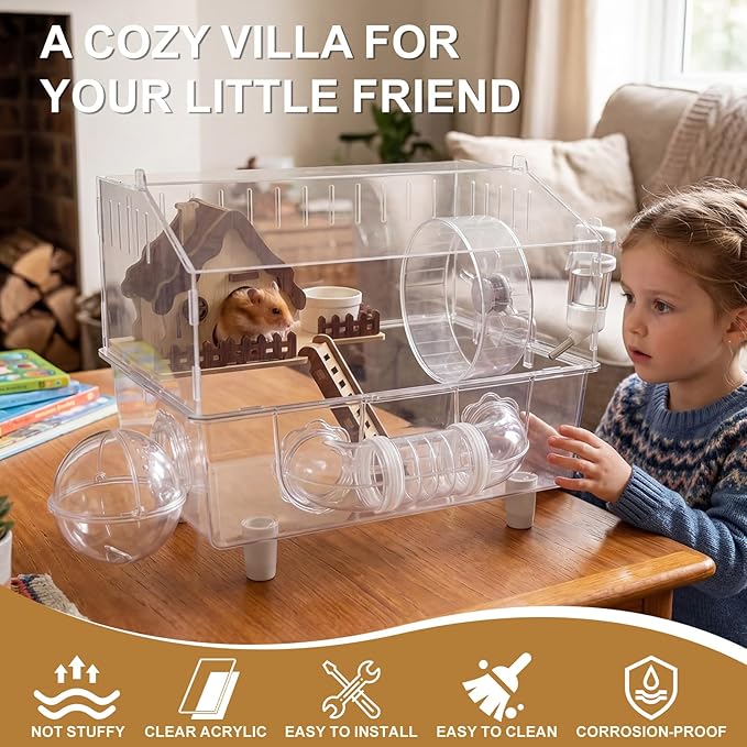 Loungewave Acrylic Hamster Cage, 8 in 1 Gerbil Cage with Accessories, Dwarf Hamster Cage with Full Transparent Viewing, Clear View Inside Easy to Clean, Excellent Ventilation, Classic House Style
