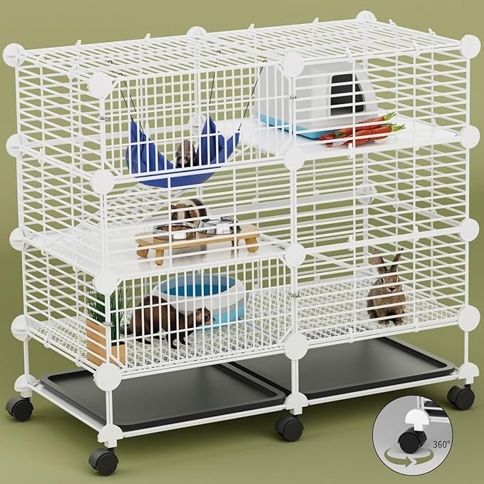 STILLCOVE Small Guinea Pig Cages Indoor: 3-Tier C&C Rabbit Cage Small Animal Cage on Wheel with Removable Tray for Bunny Hamster Ferret Rat Chinchilla Hedgehog