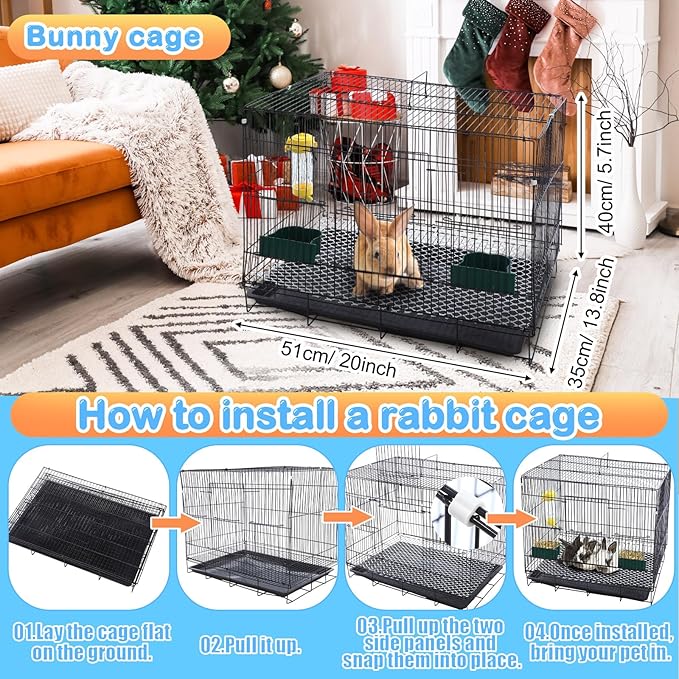Abbylike 22 Pcs Rabbit Starter Kit with Cage, Rabbit Grooming Kit Bunny Cage Set with Bed, Litter Box, Water Bottle, Feeders, Toys, Grooming Cleaning Supplies for Indoor Rabbits Small Pets(Blue)