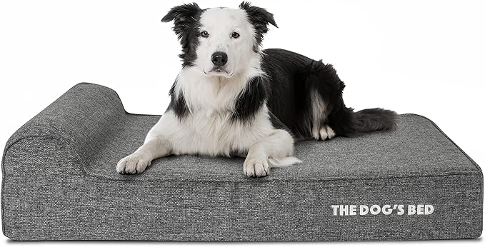 The Dog’s Bed Orthopedic Memory Foam Dog Bed with Headrest, Calming Surface – CertiPUR-Certified Foam, Linen Fabric, Grey Linen, Large, 6-Inch