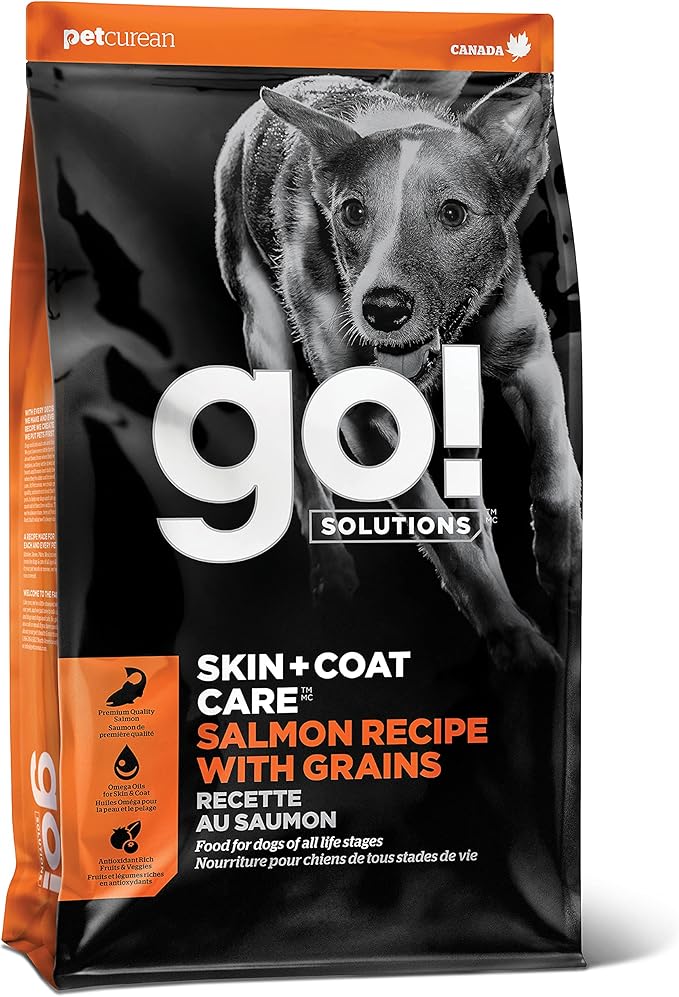Go! Solutions Skin + Coat Care Salmon Dry Dog Food with Grains, Chicken-Free, Healthy Kibble with Omega-3s & 6s for Soft, Shiny Fur, for Puppies, Adults, & Seniors, 22 lb Bag