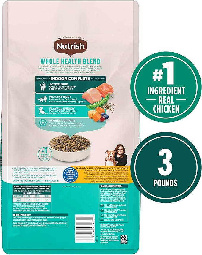 Nutrish Indoor Complete Dry Cat Food, Chicken, Lentils & Salmon Recipe (Rachael Ray), 3 lb. Bag