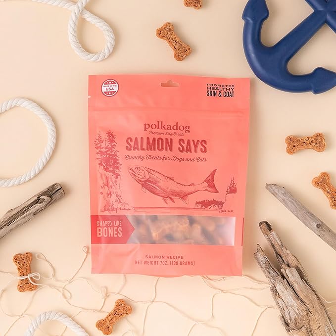 Polkadog Salmon Says Bone Shaped Dog Treats - Wild-Caught Salmon, Crunchy, All Natural, Limited Ingredient, Lean Protein & Omega-3 Rich Snacks for Dogs, Great for All Breeds, Made in USA - 7oz