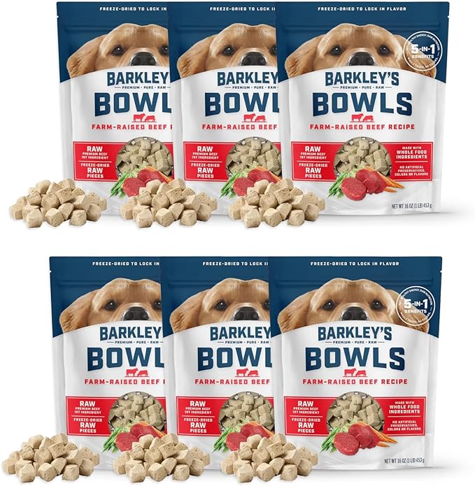 Barkley’s Bowls, Freeze-Dried Raw Beef Dog Food, Fresh Whole Food Ingredients with Farm-Raised Beef, Grain Free, High Protein for Balanced Nutrition, Dog Treats or Topper, 16 Oz Bag (6 Pack)