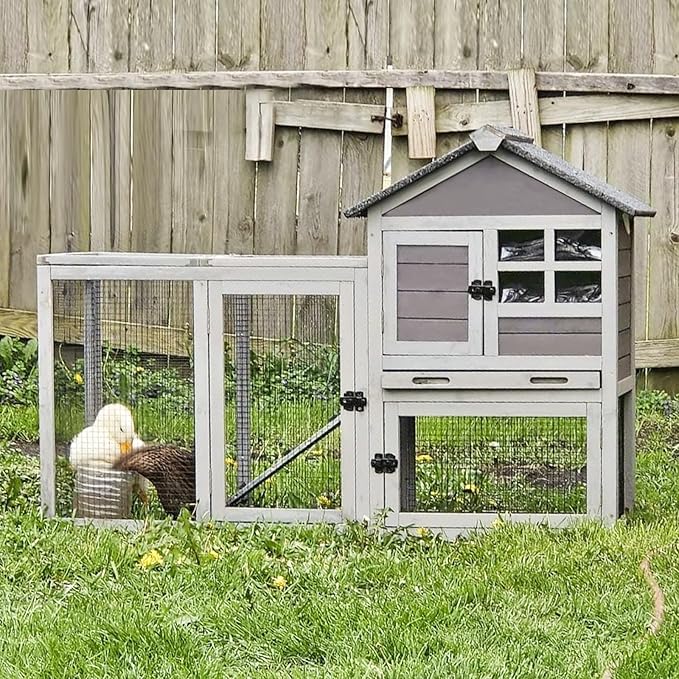 Aivituvin 51.6''L Rabbit Hutch Outdoor Chicken Coop Indoor Bunny Cage with Run,Guinea Pig House Pull Out Upper Tray 51.6" L x 25.2" W x 36.2" H (Grey)