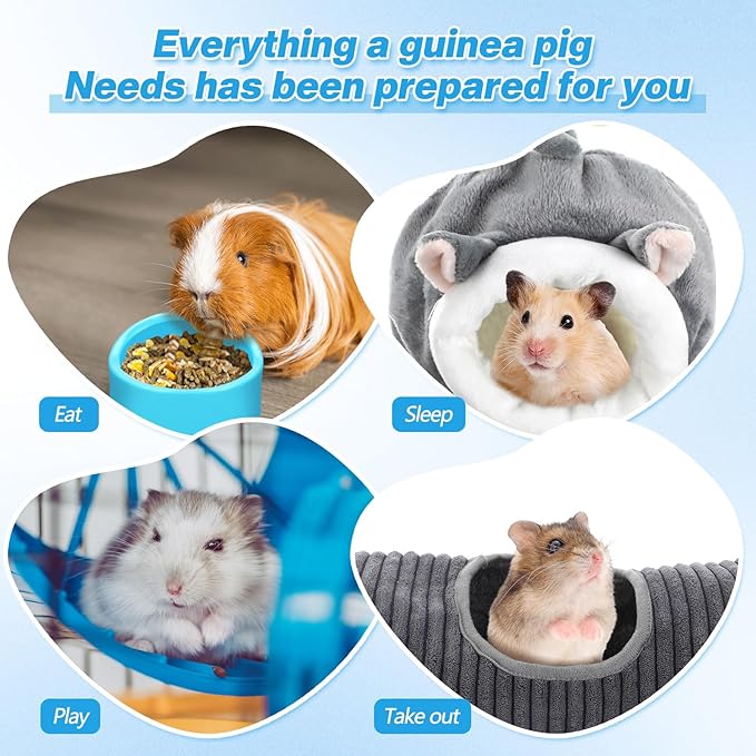 Teenyyou 24 Pcs Small Guinea Pig Starter Kit Essentials for Hamster Cage Accessories Toys House Bed Cage Cleaner Food Bowl Water Holder Carrier Bag Teething Toys Liner Tunnel for Beginner(Blue)
