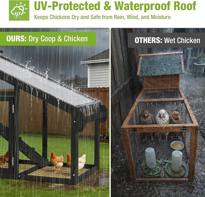 GUTINNEEN Chicken Coop with Wheels, Expandable Hen House Poultry Cage with Run, UV-Protected Roof, Divided Nesting Boxes, Easy One-Person Move, Ideal for 2 Adult Chickens or 4 Bantams, 72.3" L, White