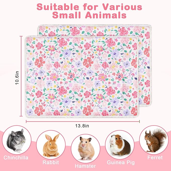Glittme 2Pcs Bunny Bed Rabbit Bed for Indoor Cage Soft Guinea Pig Bed Fleece Mat Pad Warm Small Animal Bedding Accessories for Hamster Ferret Washable Non-Slip Rabbit Hide House Liner
