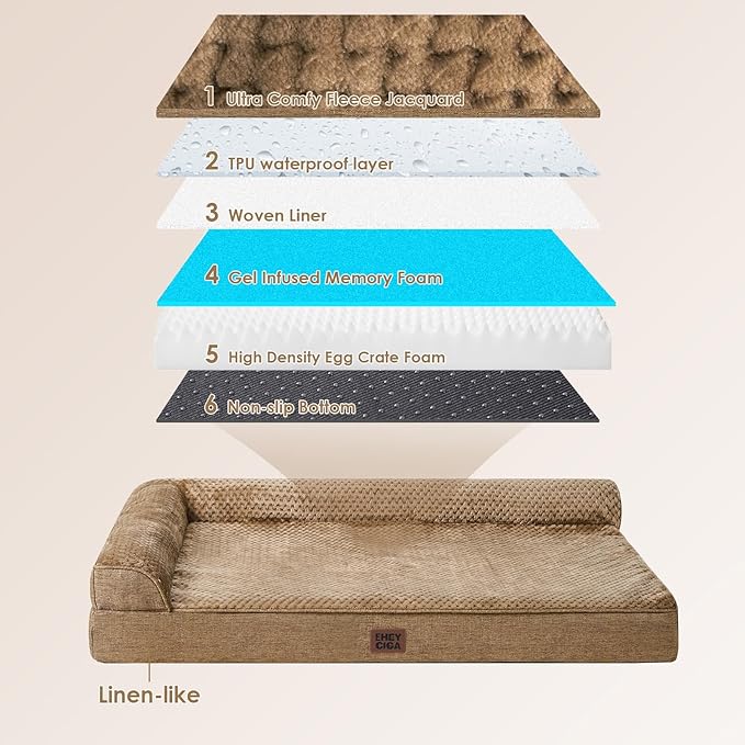 EHEYCIGA XXL Dog Bed Memory Foam, Orthopedic Giant Dog Bed Jumbo with Washable Removable Cover, Waterproof Pet Sofa Couch with Nonskid Bottom, 48x35x7.5, Camel