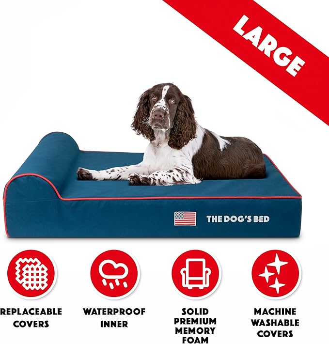 The Dog’s Bed Orthopedic Memory Foam Dog Bed with Headrest, Calming Surface – CertiPUR-Certified Foam, Oxford Fabric, Blue with Red Trim USA Flag, Large, 6-Inch