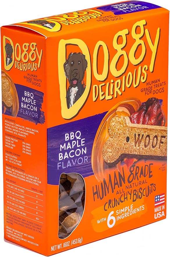 Doggy Delirious Crunchy Dog Treats – for All Pet Sizes, Breeds – All-Natural Puppy Treat – 100% Human-Grade – Delicious Pet Treat Bones, Snacks for Dogs – BBQ Maple Bacon, 16 Oz.