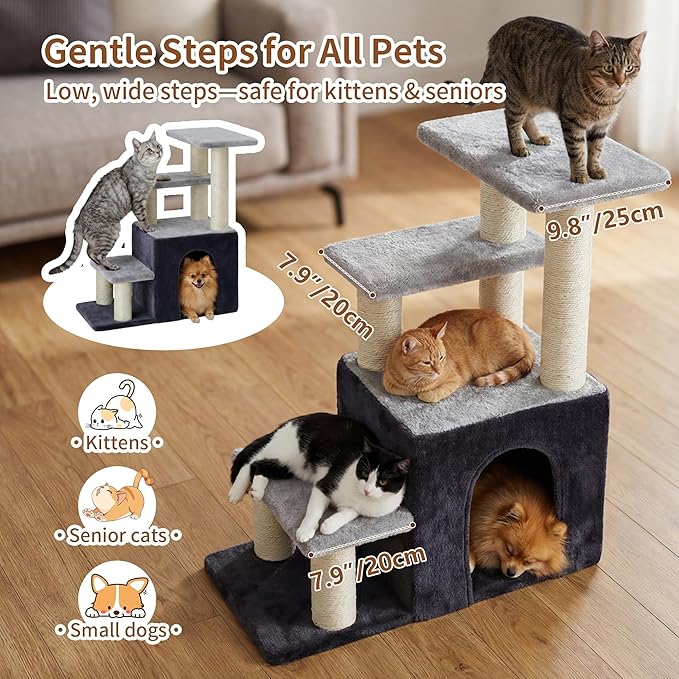 Heybly Pet Stairs for Cats, 29.5 inch High Dog Steps for Small Doggie Rabbits, 9.8''Depth Cat Stairs, Indoor Cat Ladders for High Bed for Pet's Joints, 1 Condo Cave, 6 Sisal Scratcher HSP002SGW