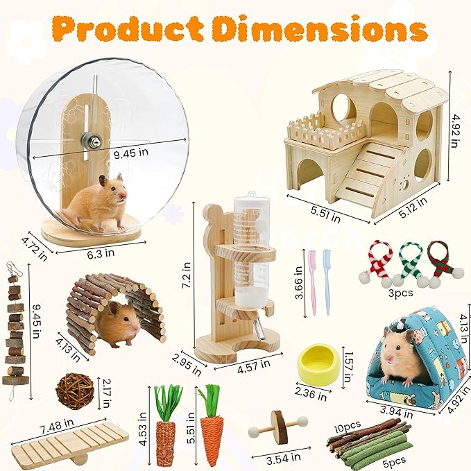 32 Pcs Hamster Cage Accessories, Silent Hamster Wheel, 22 Chew Toys Set, Wooden Hideout, Fleece House, Water Bottle Set, Ceramic Food Bowl for Rat Mice Small Animals Habitat Decor