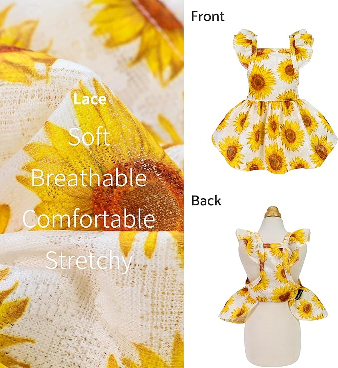 Fitwarm Dog Sunflower Dress, Dog Clothes for Small Dogs Girl, Pet Cat Apparel, White, Yellow, Red, XXS
