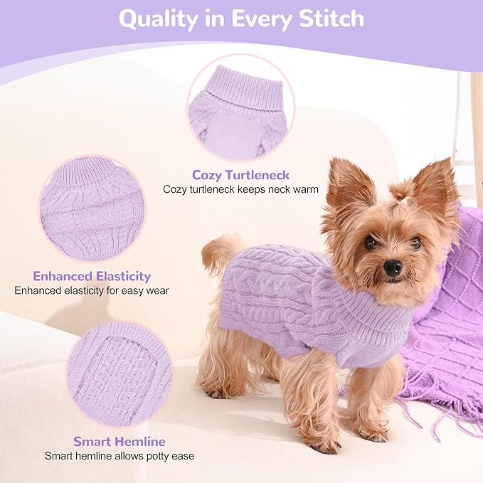 2 Pack Dog Sweaters for Small Dogs Winter Turtleneck Pullover Cable Knit Fleece Stretch Puppy Doggie Chihuahua Toy Poodle Yorkie Pomeranian Boy Girl Pet Clothes (XS, Pink & Purple)
