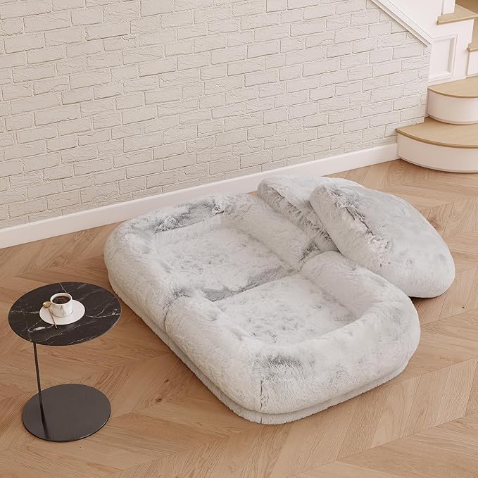 71" Human Dog Bed for Adults & Pets, Foldable Lazy Bed with 4 Adjustable Positions, Convertible Tatami Sofa with Detachable Faux Fur Cover & 2 Pillows for Bedroom & Living Room