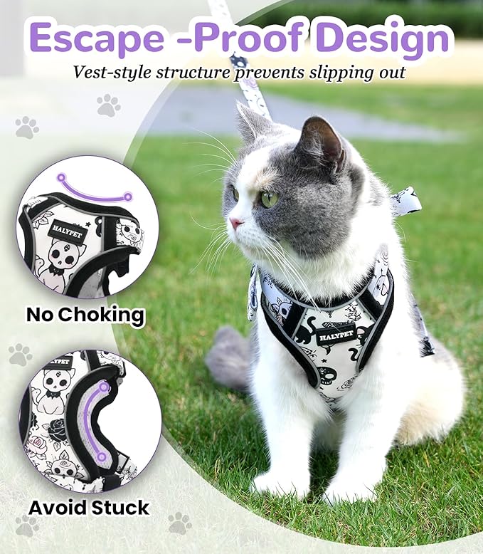 Halypet Cat Harness and Leash Set for Walking, Escape Proof Adjustable Vest Harness with 3-in-1 Integrated Buckles, Easy Control Soft Breathable Mesh with Reflective Strips for Cats, S, Moonlight Meow
