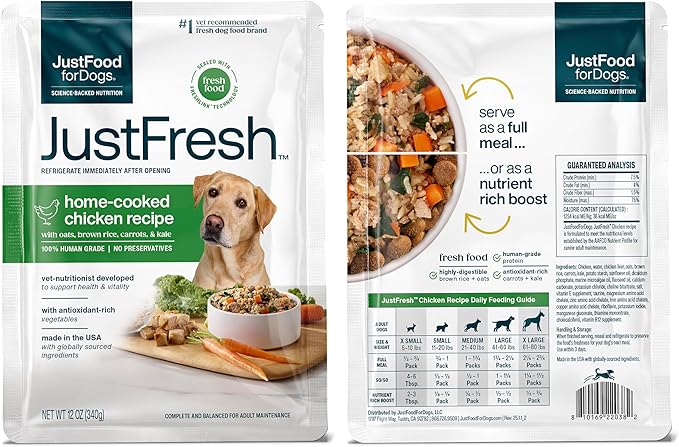 JustFoodForDogs JustFresh Wet Dog Food, Fresh Pet Meals and Toppers with No Preservatives, Resealable Package, Human Grade, Home-Cooked Beef & Chicken, 12 oz - 8 Pack