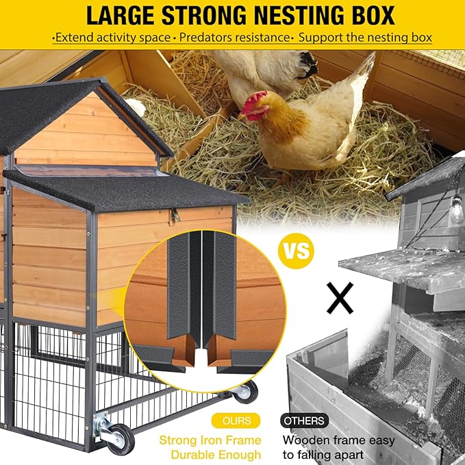 Chicken Coop All-Iron Frame Large Hen House Mobile Poultry Cage with Nesting Box,Metal Run,Waterproof Rain Cover Duck Coop, 85"