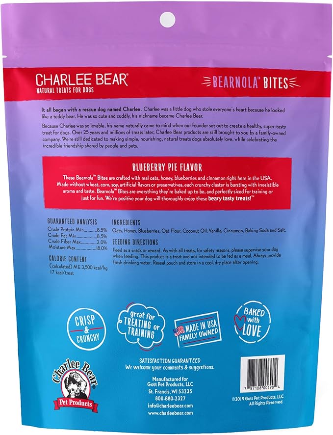 Charlee Bear Bearnola Bites Dog Treats, Blueberry Pie Flavor, 8oz (Pack of 2)