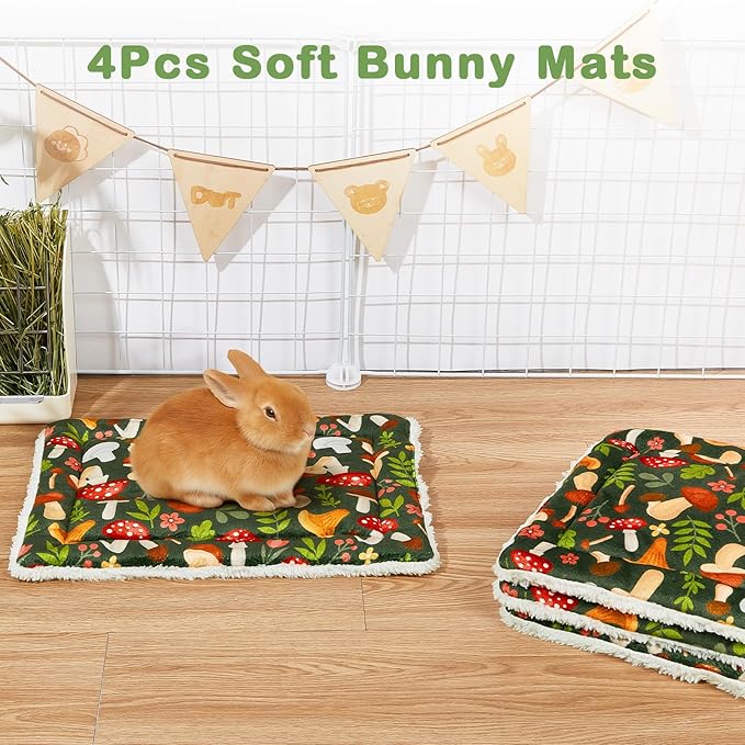 Glittme 4Pcs Bunny Bed Rabbit Bed for Indoor Cage Soft Guinea Pig Bed Fleece Mat Pad Warm Small Animal Bedding Accessories for Hamster Ferret Washable Non-Slip Rabbit Hide House Liner