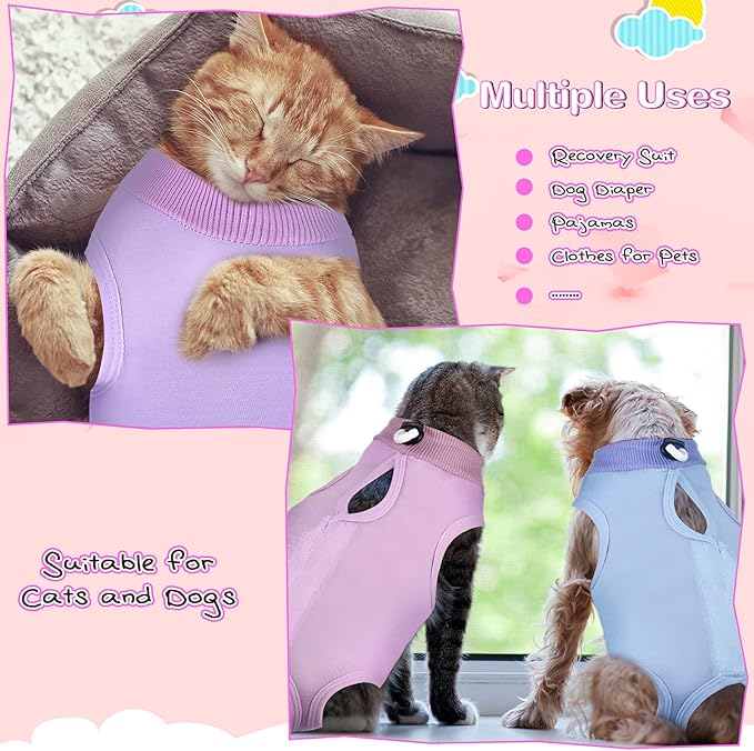 Nuanchu 3 Pieces Cat Recovery Suit Kitten Recovery Suit E-Collar Alternative for Cats and Dogs Abdominal Skin Anti Licking Pajama Clothes Sets (Medium,Solid Style,Purple Pink Blue)