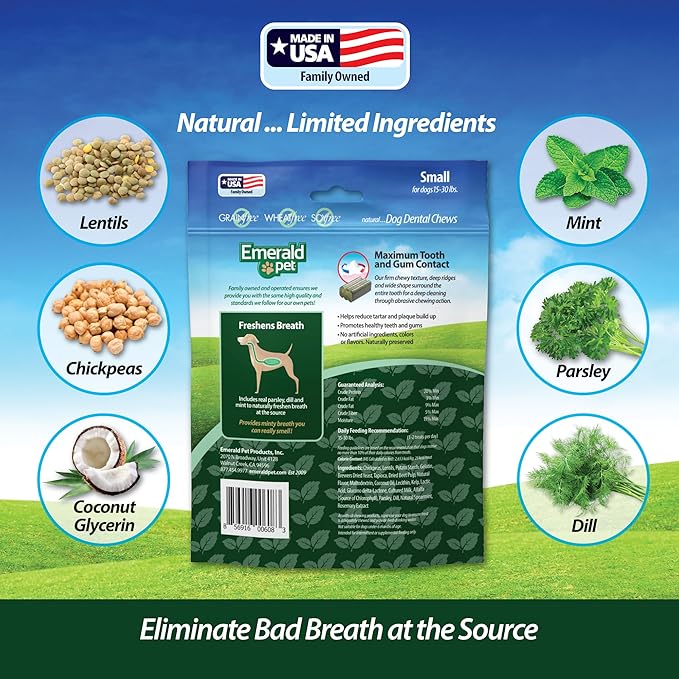Emerald Pet Fresh Smileezz Grain Free Dog Dental Treats — Minty Fresh Breath and Clean Teeth for Puppies and Small Dog Breeds — Made in USA Small, 12 Oz